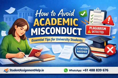 How to Avoid Academic Misconduct guide showing student studying with plagiarism detection, citation checklist and academic integrity tips for Australian universities by StudentAssignmentHelp.io