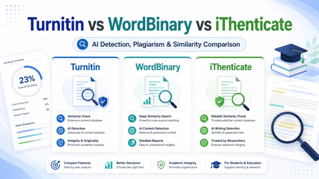 Turnitin vs WordBinary vs iThenticate comparison for AI detection, plagiarism checking and academic similarity reports